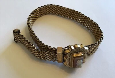 VINTAGE VICTORIAN GOLD FILLED MESH SLIDE CAMEO BRACELET  - Image 1 of 2