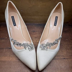 ERIJUNOR Champagne Satin Crystal Sash Pointed Toe Pump Mid Heel Shoes US 10 NWOB - Picture 1 of 24