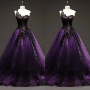 Gothic Black and Purple Wedding Dresses One Shoulder Lace Applique Bridal Gowns - Picture 1 of 9
