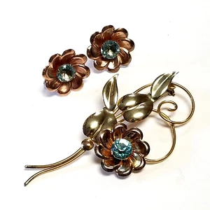 12k 2 Tone Gold Filled TF Flower Bouquet Brooch Earrings Set FRANCK Theodor VTG - Picture 1 of 9