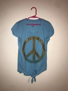 Circo Girls Aqua Green L/G 10-12 Gold Glitter Peace Sign Top Shirt - Picture 1 of 5