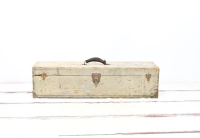 Antq Carpenters Box Antique Wood Toolbox Greenish Gray Wood Trunk Leather Handle - Image 1 of 4