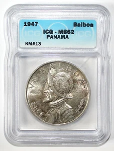 Panama 1947 Silver 1 Balboa ICG MS62 Uncirculated Toned KM13 Free Shipping - Picture 1 of 2