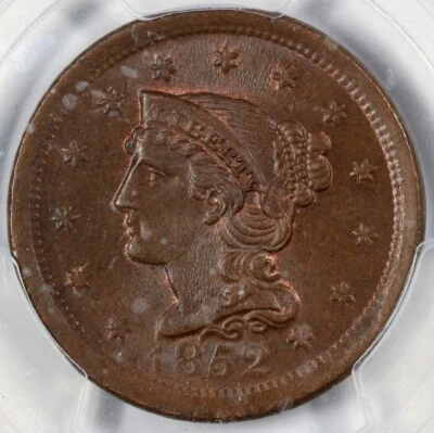 1852 1c Braided Hair Large Cent PCGS and CAC MS 65+ BN - Image 1 of 4