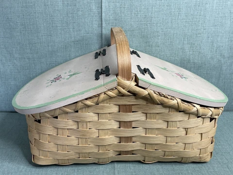 Picnic Basket with Hand Painted Wooden Hinged Lid Hand Painted Vintage Slat Cover