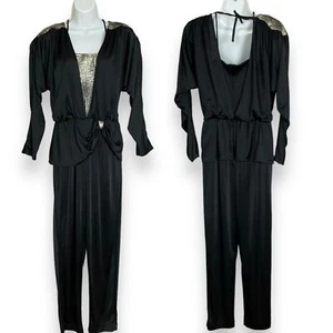 Vintage 80s Jumpsuit Black Metallic Dramatic Disco New Years Eve Tank Party - Picture 1 of 13