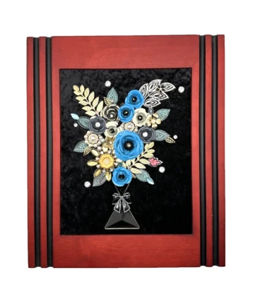 Винтажные ювелирные изделия искусства цветы в вазе красный черный рамка OOAK 13 1/4 «x 11 1/4» - Изображение 1 из 4