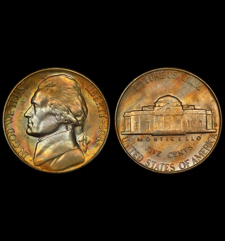MS66 1946-S 5C Jefferson Nickel, PCGS Secure- Rainbow Album Toned Cover