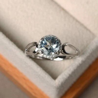 1.65 Ct Round Cut Real Aquamarine & Diamond Engagement Ring 14K Solid White Gold - Image 1 of 4