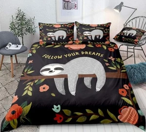 Merryword Sloth QUEEN Duvet Cover & 2 Matching Pillowcases Set Floral Bedding - Picture 1 of 4