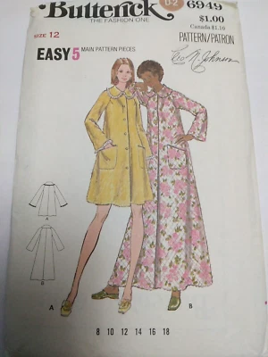 Robe Housecoat Housedress 12 Butterick 6949 Sewing Pattern UC VTG 70s Long Short - Image 1 of 4