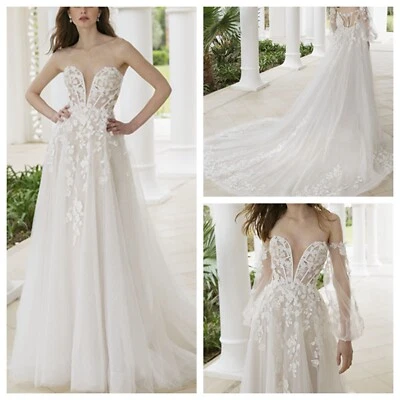 Luftiges Illusion Spitze Hochzeitskleid 32-60 Maßgeschneidert Glitzer Puffärmel - Bild 1 von 4