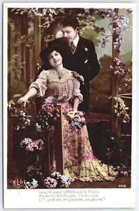RPPC Romantic Couple Hand Colored Studio ELD 4258 French Flowers Roses Postcard - Picture 1 of 2