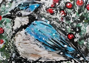 ORIGINAL ACEO PAINTING Eastern BLUE JAY Winter Blue BIRD Snow Animal Nature ART - Picture 1 of 1