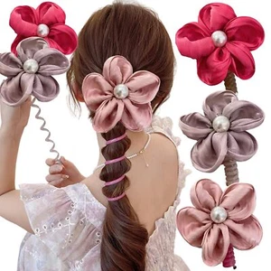 3 PCS Colorful Pearl Flower Spiral Hair Ties Braided Ponytail Holders for Hair - Picture 1 of 6