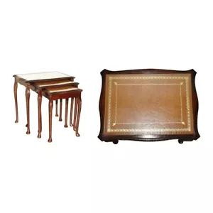 VINTAGE NEST OF THREE GOLD LEAF EMBOSSED BROWN LEATHER TOPS SIDE END WINE TABLES - Picture 1 of 12