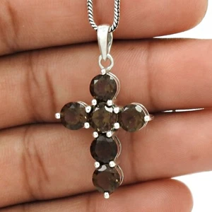 Donna Regalo Naturale Fumoso Quarzo Gemma Croce Ciondolo 925 Argento Gioielli T9 - Foto 1 di 8