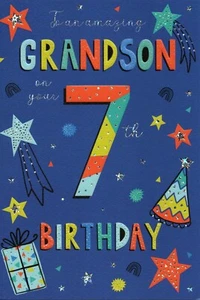 GRANDSON 7th BIRTHDAY CARD AGE 7 ~ QUALITY CARD MODERN FUN DESIGN - Picture 1 of 2