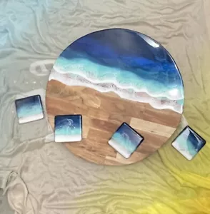 New 20” Lazy Susan Resin Ocean Waves Serving Tray and 4 Matching Coasters - Picture 1 of 12