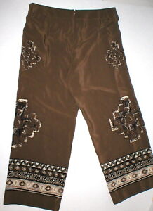 Womens Worth New York $498 12 USA Print Silk Pants Brown White Wide Ethnic Borde