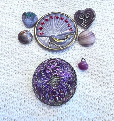 Antique Vintage Purple Glass Buttons Peacock Heart Berry Large to Small B165 - Image 1 of 4