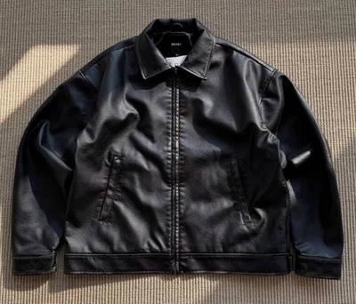 24AW Beams Flip Collar Retro Washed Vintage Zipper Motorcycle Leather Jacket - Image 1 of 4