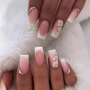 24Pcs French False Nails White Tip Square Stick on Nails Flower Press on Nails w - Picture 1 of 12