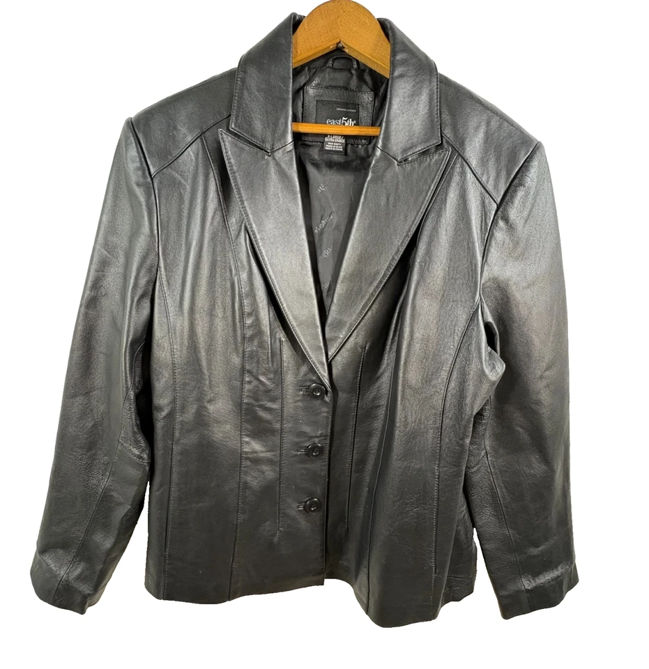 Chaqueta de cuero genuino East 5th para mujer 3 botones negra XL Foto 1 de 4
