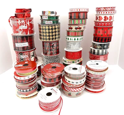 65 Spools Holiday Christmas Craft Ribbon Some Wired Most New and Uncut - Image 1 of 4