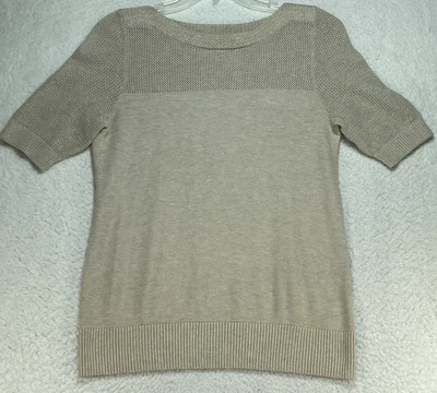 LL Bean Sweater Womens Medium Beige Tan Knit Pullover Short Sleeve Cotton Top - Image 1 of 4