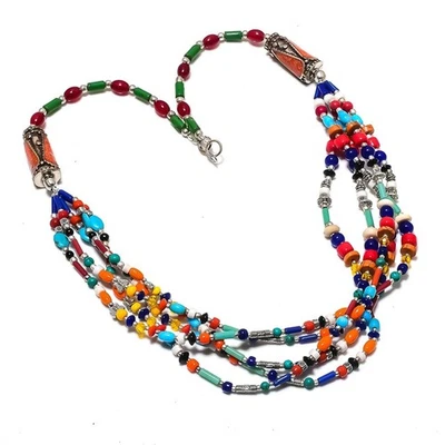 Collana Corallo Rosso Multi Pietra Tibetana Fatta a Mano Bohemien Bead Jewelr... - Immagine 1 di 4