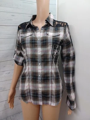 Harley Davidson Shirt Womens 2W 22-24 Black PinkPlaid Pearl Snap Sheer Lace  - Image 1 of 4