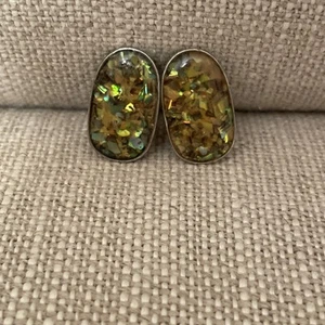 Vintage Oval Enamel Sequins Gold Clip On Confetti Earrings Retro - Picture 1 of 9