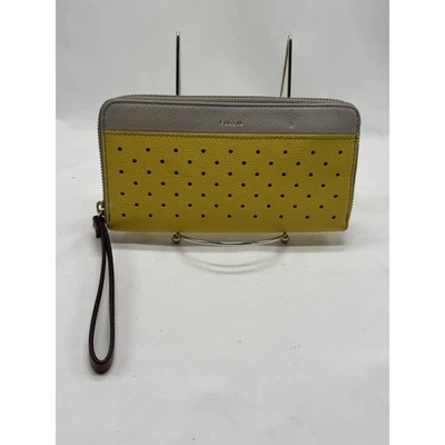 FOSSIL Leather Zip Around Wallet & Wristlet -Yellow Gray Accordion Eyelet - Image 1 of 4