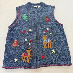 Erika Mujer 2X Tacky Navidad Tejido Chaleco Sin Mangas Feo Azul Cremallera Completa Reno - Imagen 1 de 13
