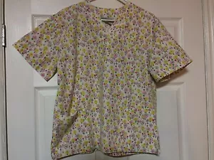 Natural Uniforms White with Pink & Yellow Floral Pattern Scrub Top Womens Sz  XS - Picture 1 of 1