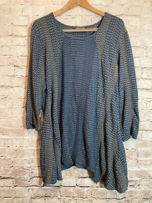 Туника Tianello топ женщин XL Artsy Lagenlook темно-синий и желтовато-коричневый текстурированный асимметричный кромки - Изображение 1 из 4