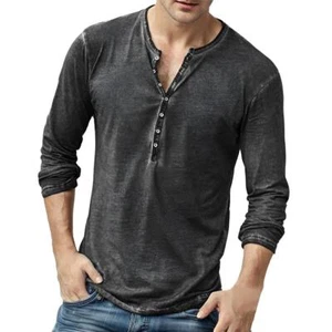 Men's Distressed Henley Shirts Long Sleeve Button Down Tops Casual T-Shirt - Picture 1 of 12