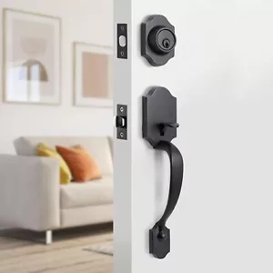 Front Door Handle Set Heavy Duty Entry Door Lock Set Matte Black Entrance Handle - Picture 1 of 5