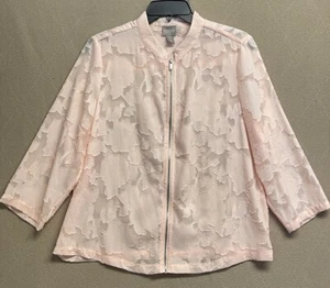Chicos Semi Sheer Full Zip Blouse Tops Women's Size-1 3/4 Sleeve Floral Begie - Picture 1 of 13