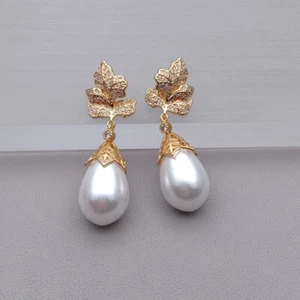 16x26mm White Sea Shell Pearl Teardrop Dangle Cz Pave Flower Stud Earrings - Picture 1 of 4