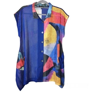 Dama Diseñador Boutique Abstracto Geométrico Malla Red Botón Top Azul Amarillo S/M - Imagen 1 de 8