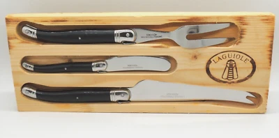 Laguiole Acier Inox 3 Piece Cheese Set: Fork, Spreader Knife Black Bee Wood Tray - Image 1 of 4