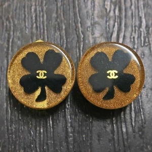 CHANEL Gold Plated CC Logos Black Clover Round Vintage Earrings #9916a Rise-on - Imagen 1 de 5