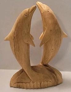 De colección. Estatua de madera tallada a mano de 2 delfines escultura decoración de madera estatuilla hecha a mano - Imagen 1 de 13