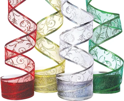 Juego de 4 cintas de Navidad con cable - Organza roja, verde, dorada, plateada/blanca Foto 1 de 4