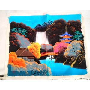 Paisaje de seda japonés pintado a mano vintage, cascada y pagoda Nachi, firmado - Imagen 1 de 5