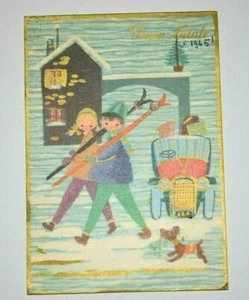 Vintage Italy Christmas Postcard Skiing - 1960s - Man Woman Dog Car Baon Natale - Picture 1 of 6