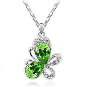 European Fashion Green Crystal Silver Butterfly Pendant Necklace Jewelry