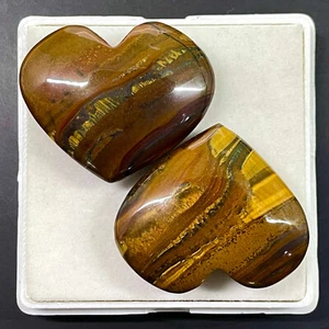 2 Pcs Natural Tiger Eye 32-33.5mm Huge Heart Shape Loose Gemstones Lot 235 Cts - Picture 1 of 14